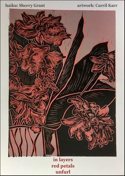"in layers / red petals / unfurl' by Sherry Grant.  Art by Carril Karr