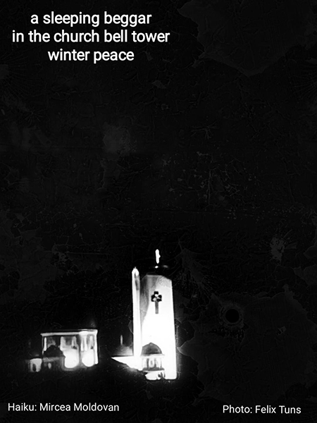 'a sleeping beggar / in the church bell tower / winter peace' by Mircea Moldovan. Art by Felix Tuns