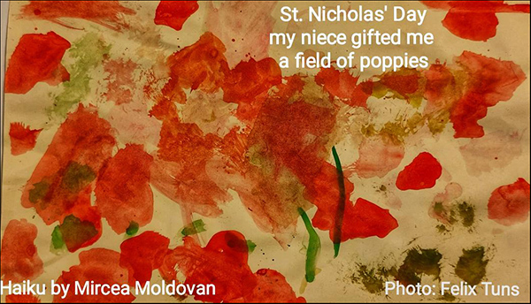 St. Nicholas' Day / my niece gifted me / a field of poppies' by Mircea Moldovan. Art by Felix Tuns