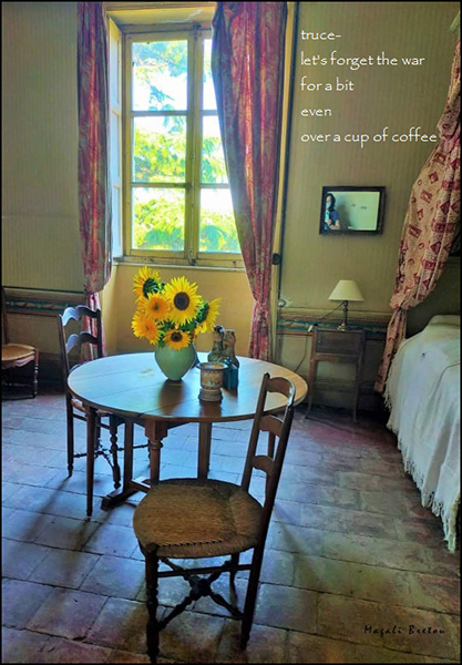 'truce / let's forget about the war / for a bit / even / over a cup of coffee' by Hassane Zemmouri. Art by Magali Bretou