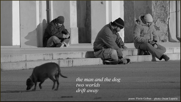 'the man and the dog / two world / drift away' by Florin Golban. Art by Oscar Luparia
