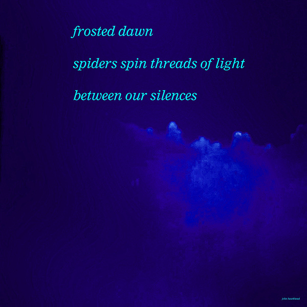 'frosted dawn / spiders spin threads of light / between our silences' by John Hawkhead