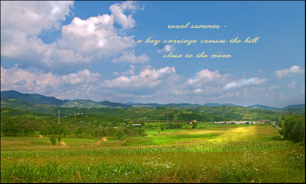 'rural summer— / a hay carriage crosses he hill / close to the moon' by Steliana Voicu. Haiku first published in 13th Yamadora Basho memorial museum English haiku Contest