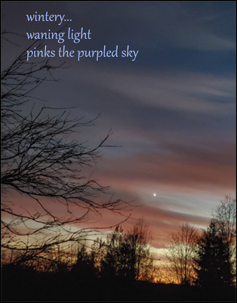 'wintery... / waning light / pinks the purpled sky' by Susan Lee Roberts