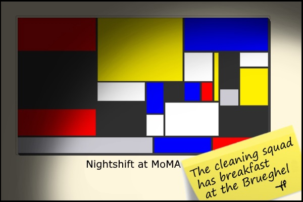 "nightshift at MoMA / the cleaning squad has breakfast / at the Brueghel' by Hartmut Fillhardt