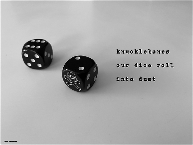 'knucklebones / our dice roll / into dust' by John Hawkhead