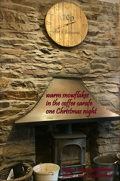 'warm snowflakes / in the coffee carafe / one christmas night' by Mamta Madhavan. Art by Mini Unnikrishnan