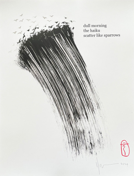 'dull morning / the haiku / scatter like sparrows' by Paul Hunter. Art by Leah Springate