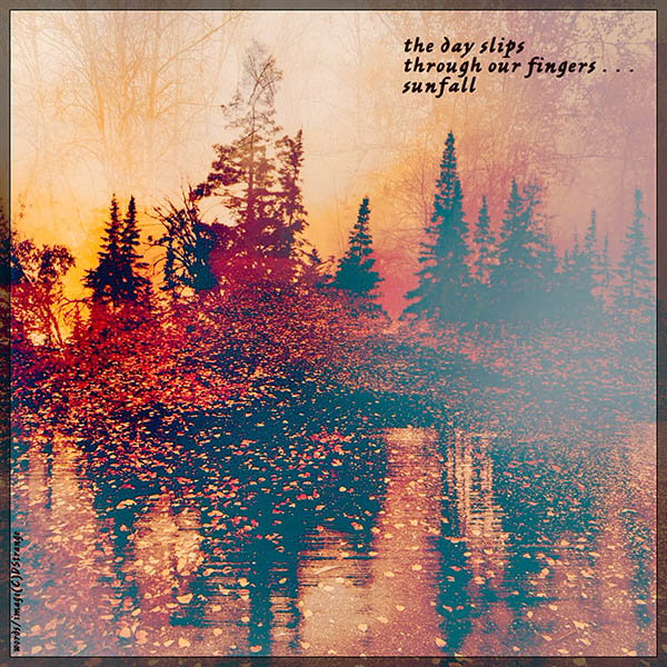 'the day slips / through our fingers... / sunfall' by Debbie Strange.  Haiku first published in Presence 77, 2023