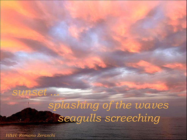 'sunset... / splashing of the waves / seagulls screeching' by Romano Zeraschi