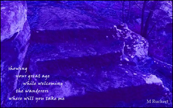 'showing / your great age / while welcoming / the wanderers / where will you take me' by Margaret Ruckert