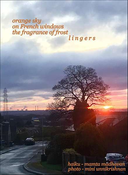 'orange sky / on french windows /  the fragrance of frost' by Mamta Madhavan. Art by Mini Krishnan