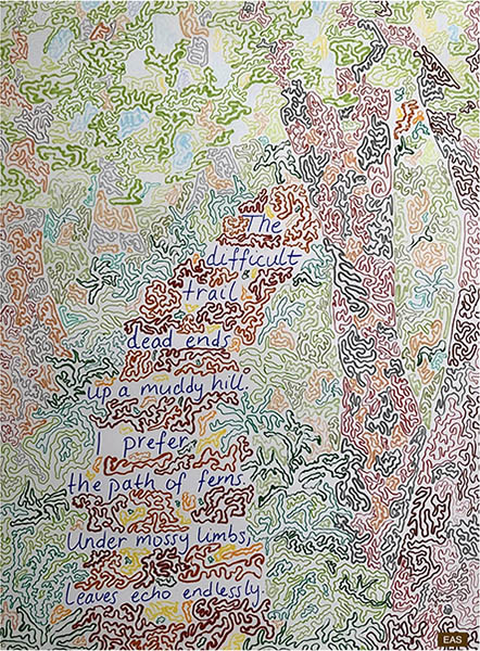 'the difficult trail / dead ends up a muddy hill / I prefer the path of ferns / under mossy limbs /  leaves echo endlessly' by Elizabeth Shack