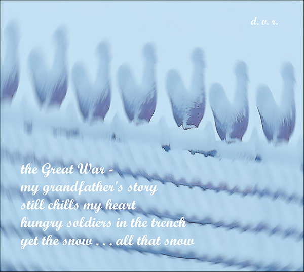 'the great war— / my grandfather's story / still chills my heart / hungry soldiers in he trench / yet the snow... all that snow' by Djurdja Rozic