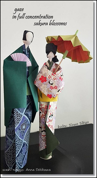'gaze / in full concentration / sakura blossoms'' by Slawa Sibiga. Translatio by Noelia Sibiga. Washi ningyo  by Anna Sekikawa