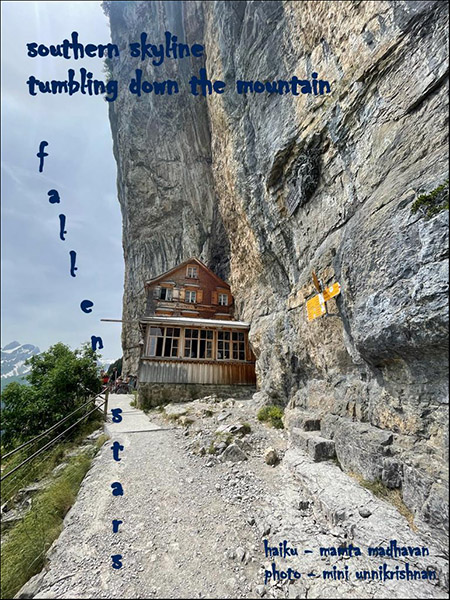 'southern skyline / tumbling down the mountain / fallen stars' by Mamta Madhavan. Art by Mini Unnikrishnan