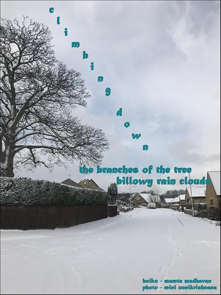'climbing down / the branches of the tree / billowing rain clouds' by Mamta Madhavan. Art by Mini Unnikrishnan. Haiku first published by Enchanted Garden Haiku issue 12