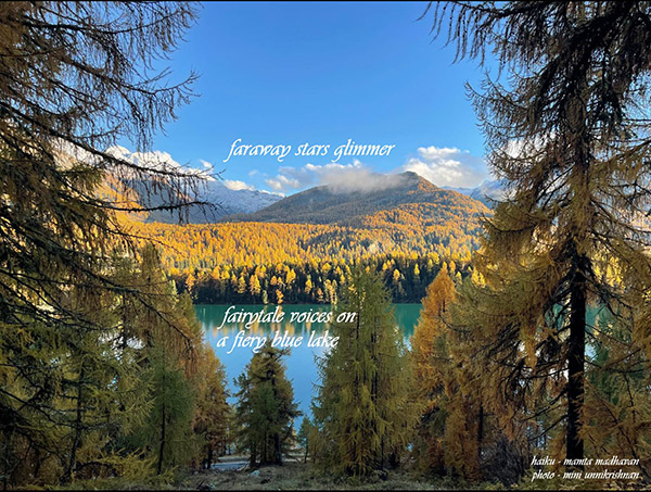 'faraway stars / fairytale voices on / a fiery blue lake' by Mamta Madhavan, Art by Mini Unnikrishnan