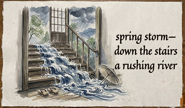 'spring storm— / down the stairs / a rushing river' by Subhash Chodhury