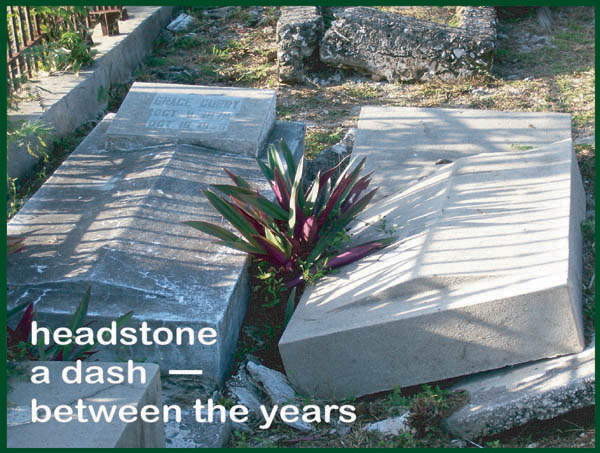 'headstone / a dash / between the years' by Francis Masat. Art by Tiana Tallant. Haiku first published in Heron's Nest V5:#5, May 2003