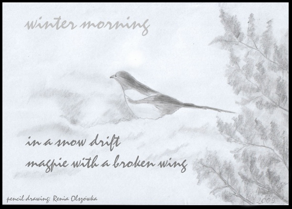 ' in a snow drift / magpie with a broken wing' by Andrzej Dembonczyk. Art by Renia Olszowka. ' in a snow drift / magpie with a broken wing' by Andrzej Dembonczyk. Art by Renia Olszowka.