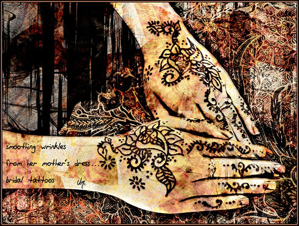 'smoothing wrinkles / from her mother's dress / bridal tattoos' by Allison Millcock