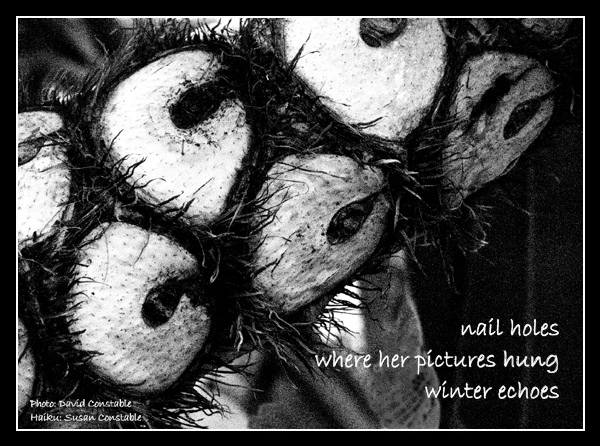 'nail holes / where her pictures hung / winter echoes' by Susan Constable. Art by Dave Constable