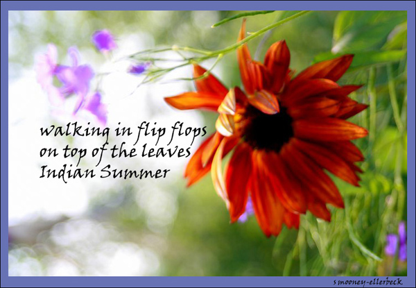 'walking in flip flops / on top of the leaves / Indian Summer' by Sandra Mooney-Ellerbeck. Art by Brittni Ellerbeck. Haiku first published in DailyHaiku 2009.