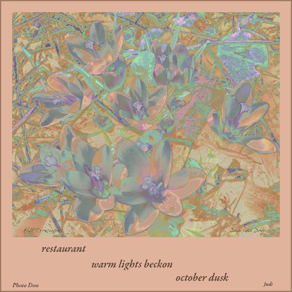 'restaurant / warm lights beckon / october dusk' by Judi Hall. Art by Don Hall.