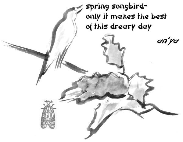'spring songbird / only it makes the best / of this dreary day' by an'ya