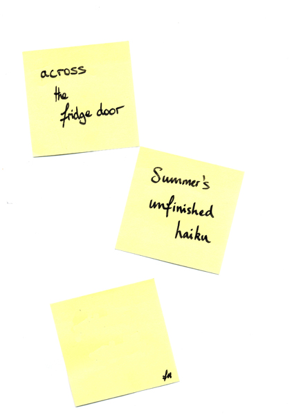 'across the fridge door / summer's unfinished haiku' by John Hawkhead