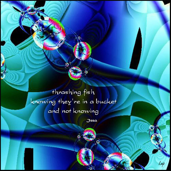 'thrashing fish / knowing they're in a basket / and not knowing" by Linda Papanicolaou. Haiku by Issa, translated by David Lanoue.