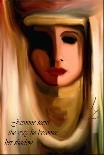 'Jasmine scent / the way he becomes / her shadow' by Heike Gewi.