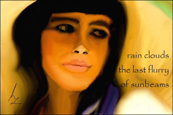 'rain clouds / the last flurry /  of sunbeams' by Heike Gewi.
